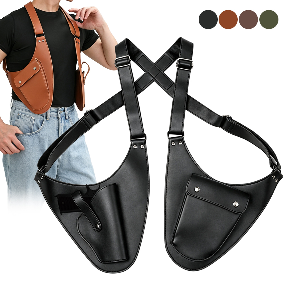 Leather Edc. Carry Pouch - タクティカルピストル用ホルスター。G17、G18、G19に対応。PUレザー製、肩掛け式。EDCツールポーチ付き。