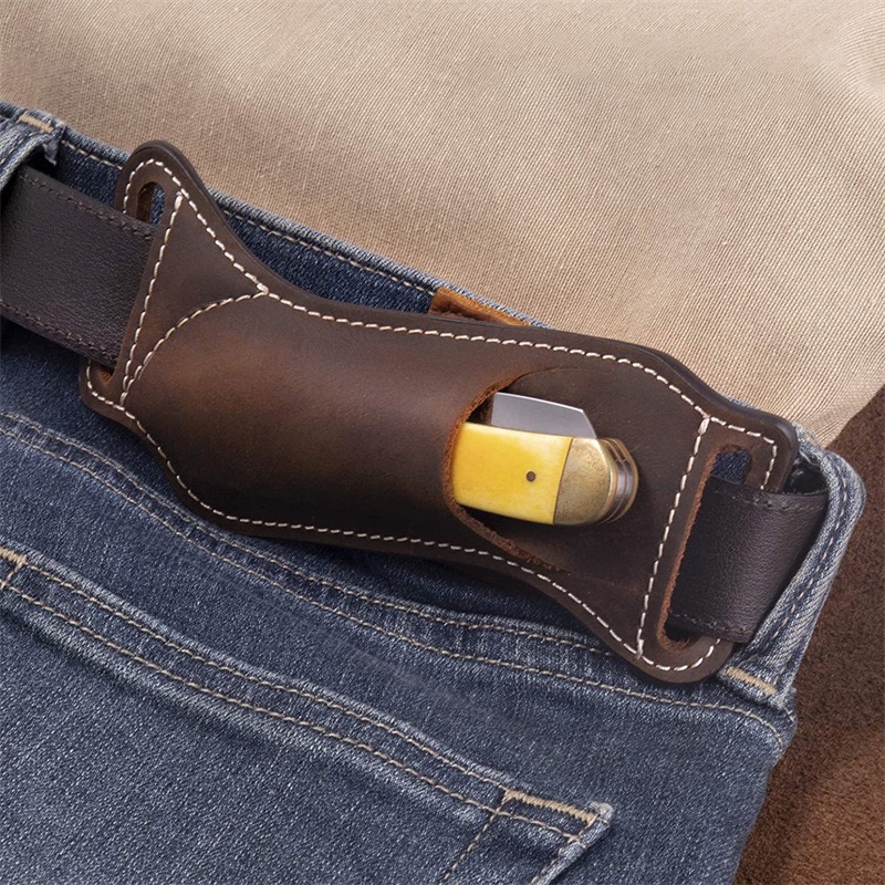 Edc Carry Belt Pouch - 屋外用、本革製、腰に装着できるEDCナイフ用シース／ポーチ。ベルトに通して携帯可能。折りたたみナイフやバリソングナイフに最適。
